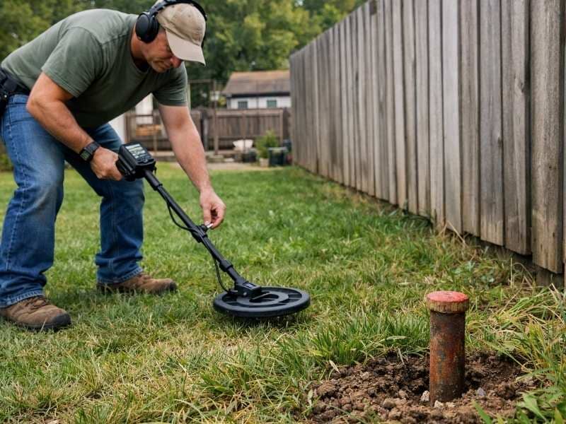 Man using a metal detector to find property lines and uncover a survey pin beside a backyard fence