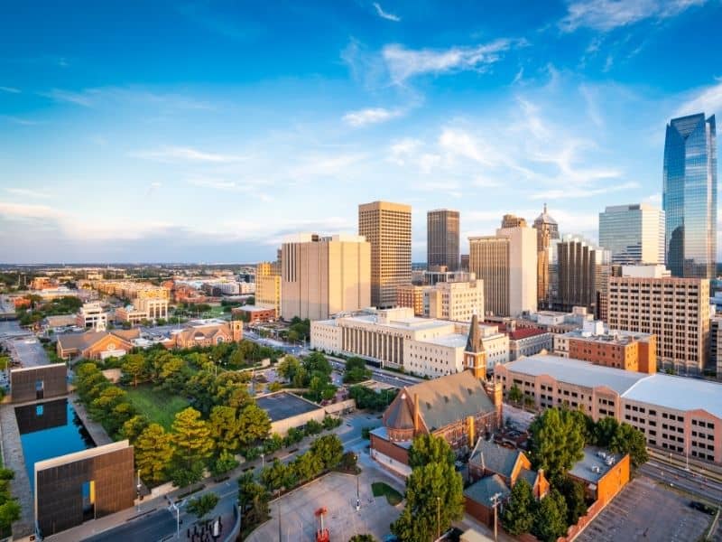 Downtown Oklahoma City skyline with commercial buildings, urban development, and surrounding properties relevant to land surveying and site planning