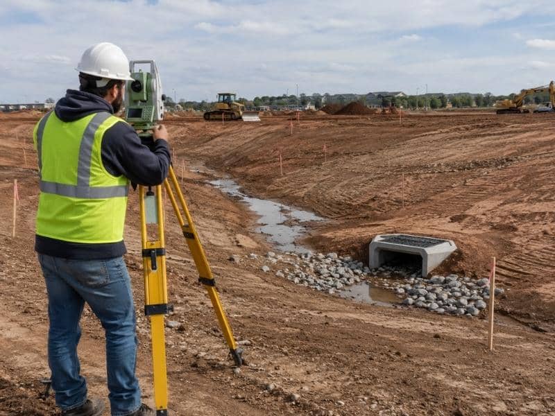 topographic survey drainage grading oklahoma city | Oklahoma City Land Surveying Topographic Survey crew measuring site grades for drainage planning in Oklahoma City, Oklahoma