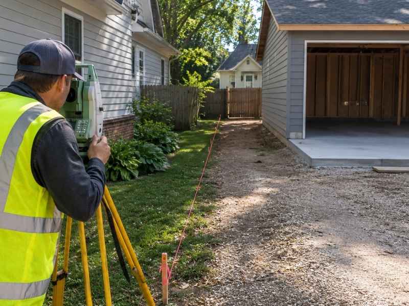 Surveyor in a high-visibility vest uses a tripod-mounted level along a gravel driveway beside a house and garage area.
